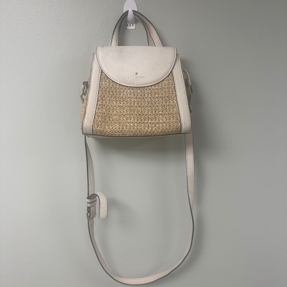 Kate Spade Woven Straw Pebbled Leather Crossbody Bag White Tan Small Satchel